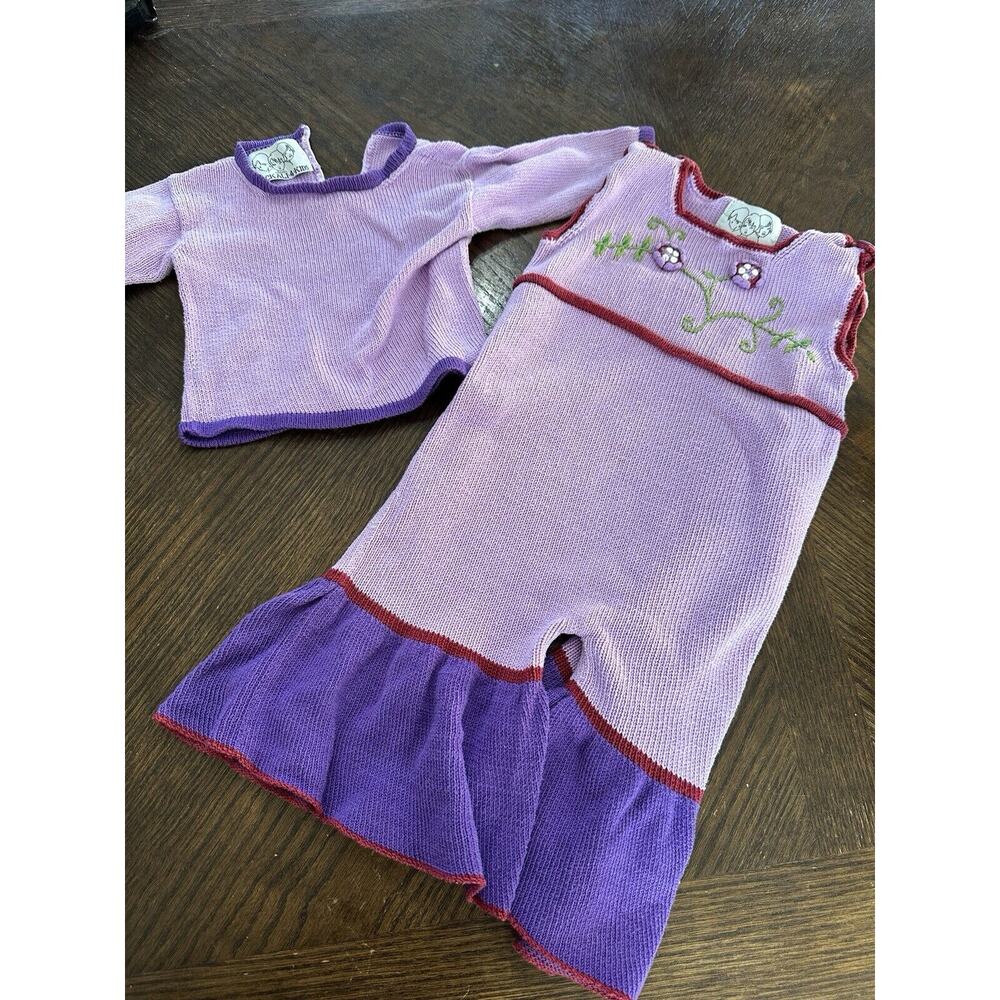 Vtg ZACKALI 4 KIDS 2pc SWEATER SET Purple MID-WEIGHT KNIT Flower TOP & PANTS 12M